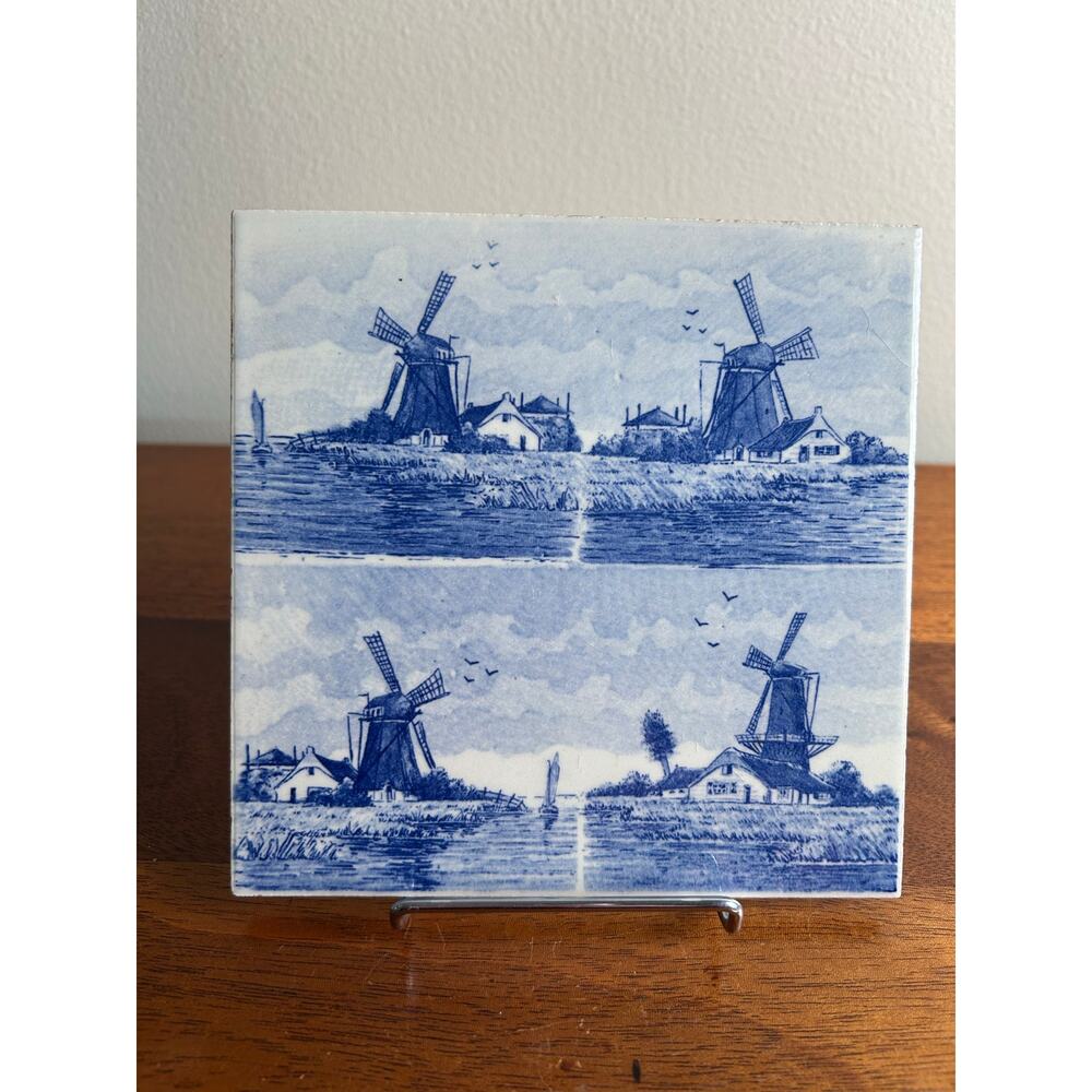 Vtg Delft Blue Tile, Multi-Panel Dutch Landscape Tile-Four Scenes